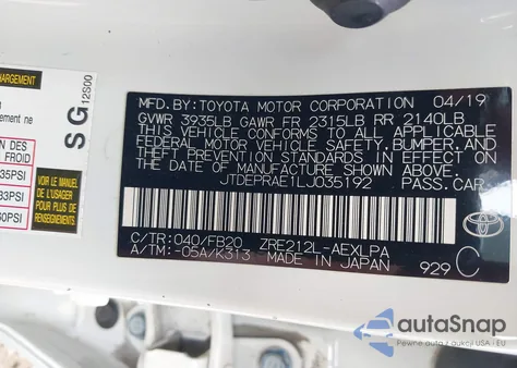 2020 Toyota Corolla Le z USA, uszkodzony, nr VIN JTDEPRAE1LJ035192